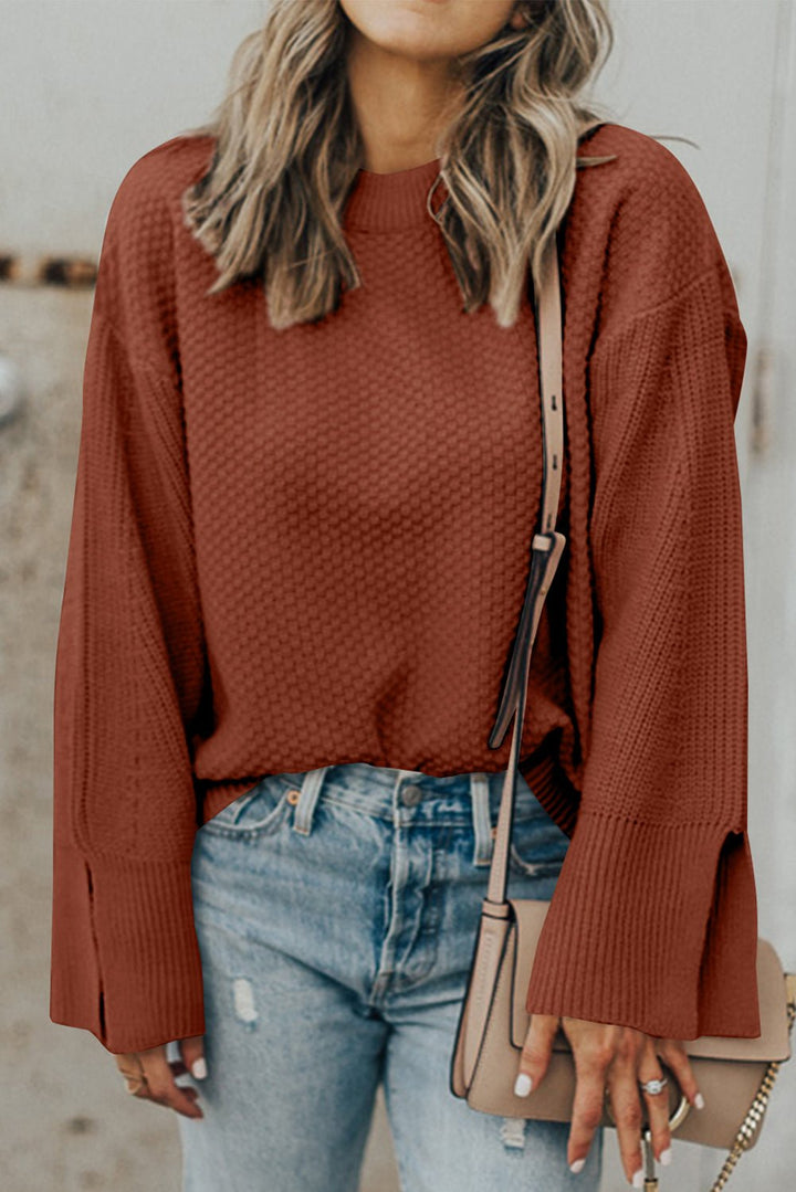 Textured Round Neck Long Sleeve Sweater - SharpDuds