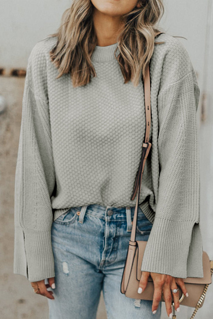 Textured Round Neck Long Sleeve Sweater - SharpDuds