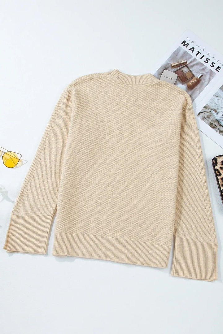 Textured Round Neck Long Sleeve Sweater - SharpDuds