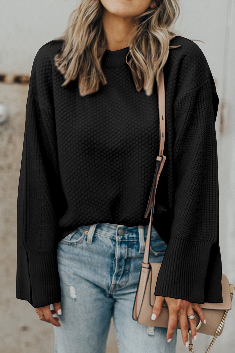 Textured Round Neck Long Sleeve Sweater - SharpDuds