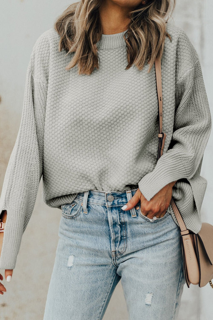 Textured Round Neck Long Sleeve Sweater - SharpDuds