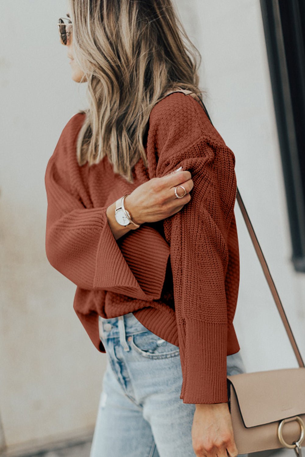 Textured Round Neck Long Sleeve Sweater - SharpDuds