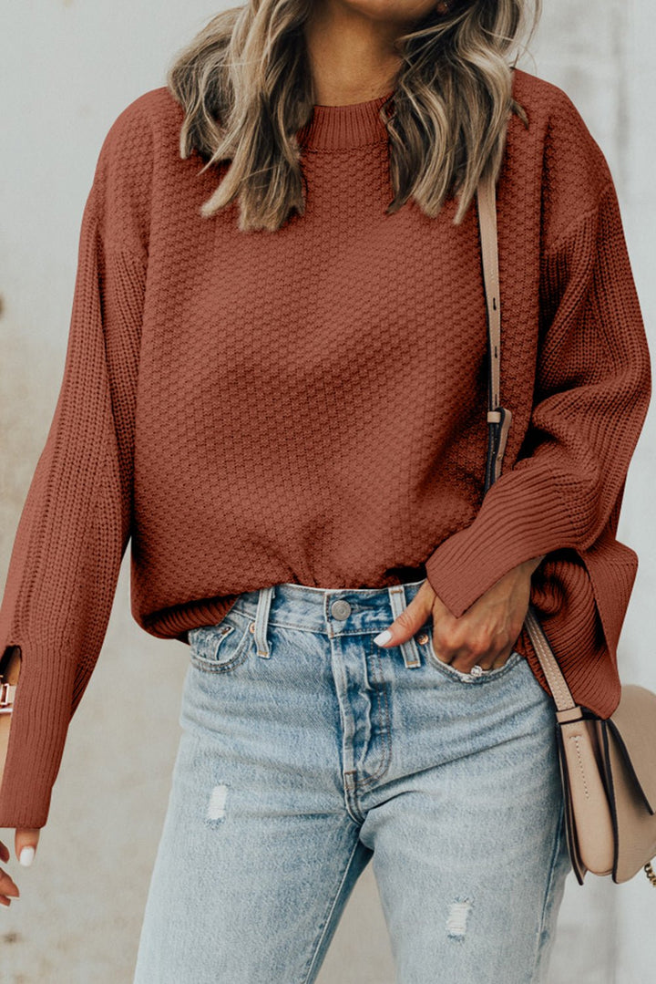 Textured Round Neck Long Sleeve Sweater - SharpDuds