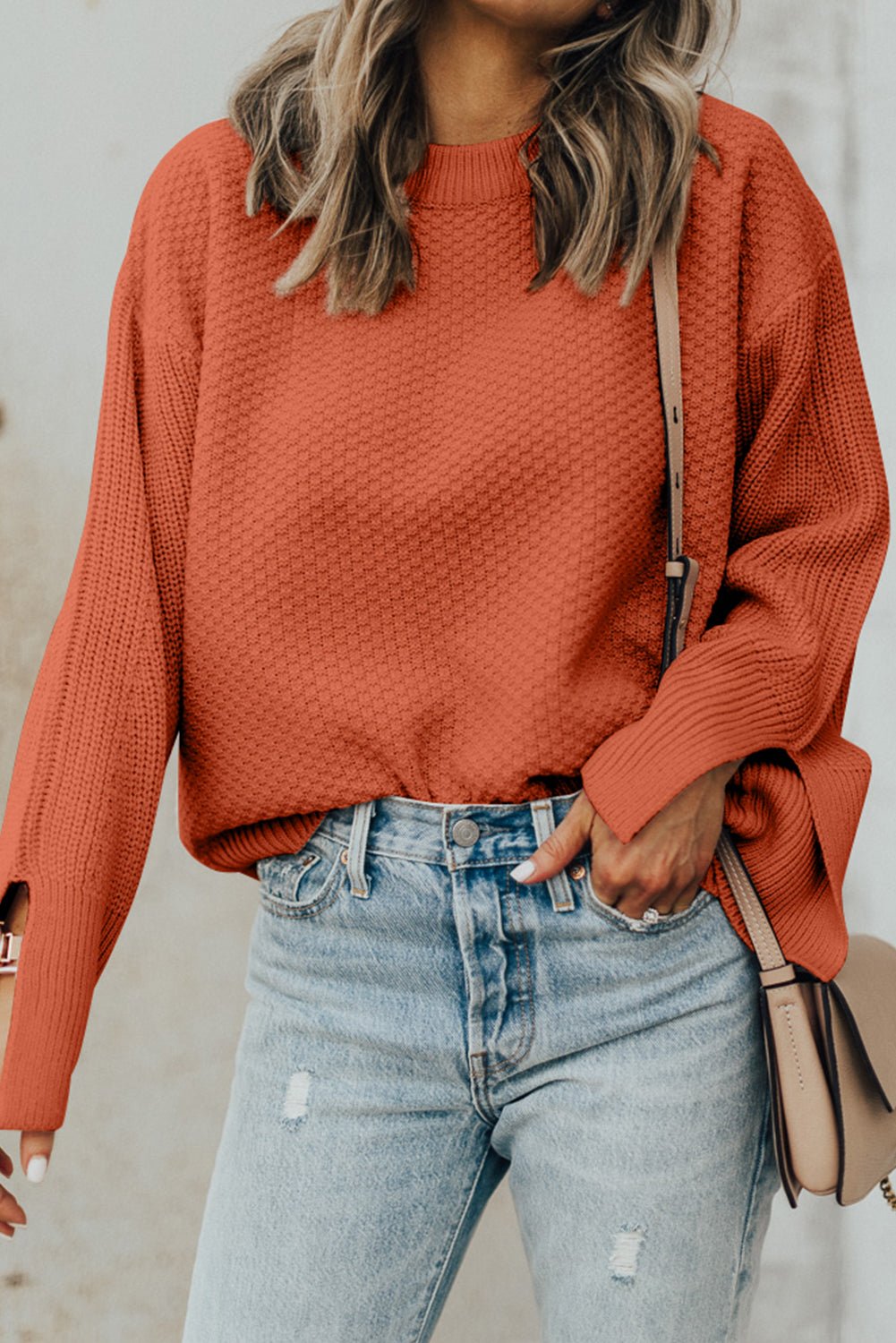 Textured Round Neck Long Sleeve Sweater - SharpDuds