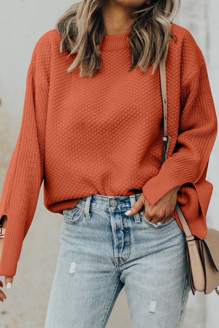 Textured Round Neck Long Sleeve Sweater - SharpDuds