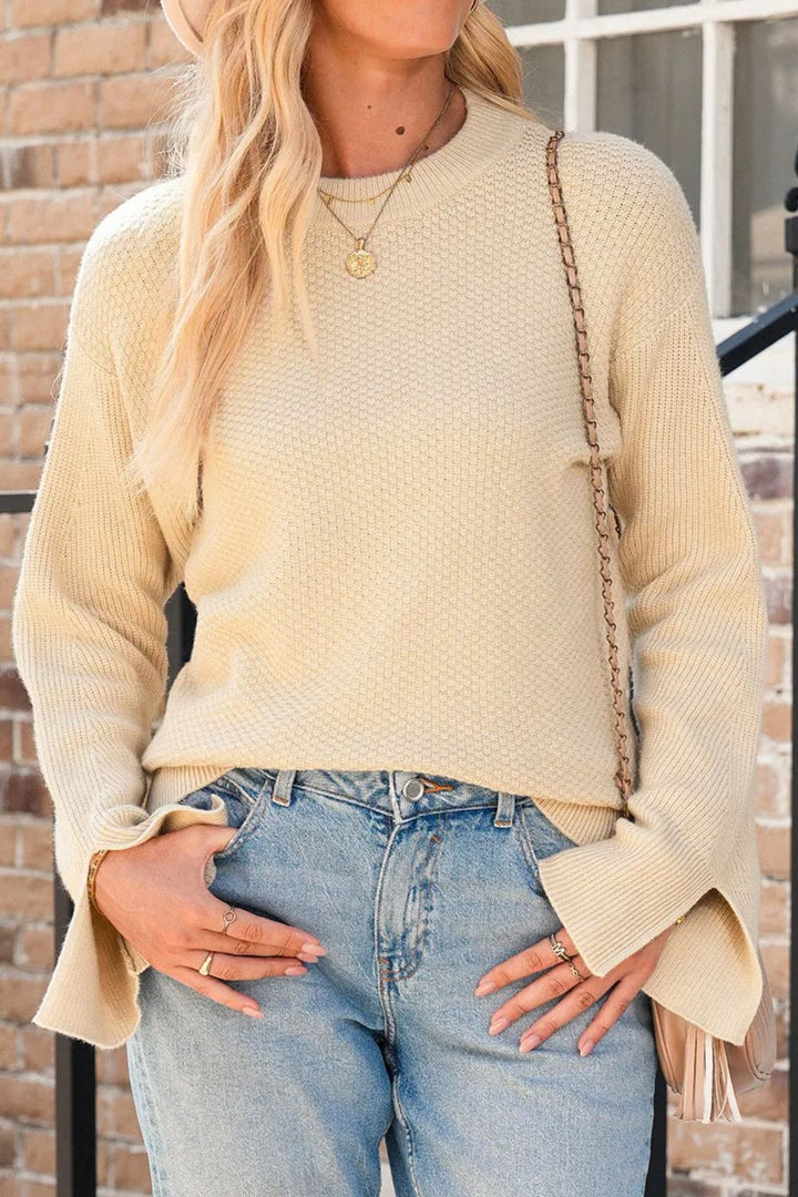 Textured Round Neck Long Sleeve Sweater - SharpDuds