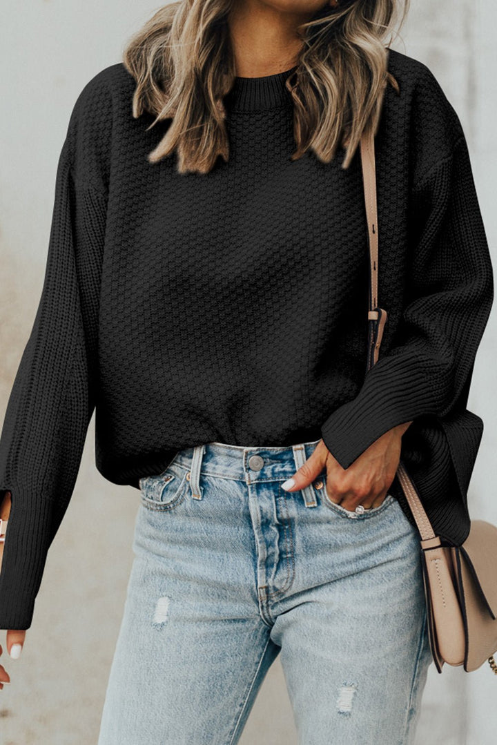 Textured Round Neck Long Sleeve Sweater - SharpDuds