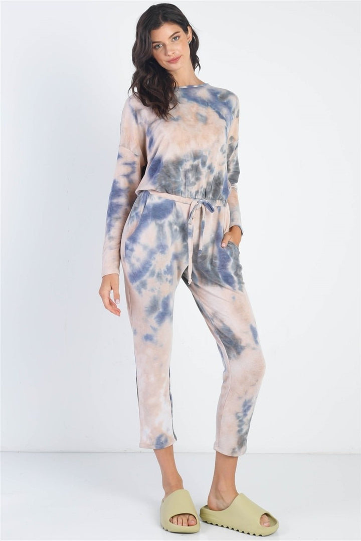 Tie - Dye Round Neck Long Sleeve Jumpsuit - SharpDuds