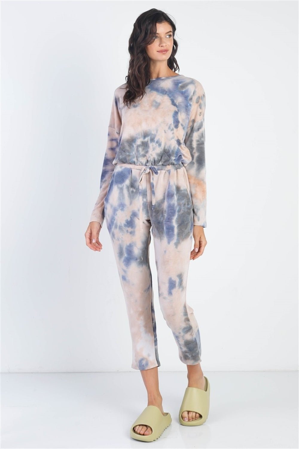 Tie - Dye Round Neck Long Sleeve Jumpsuit - SharpDuds