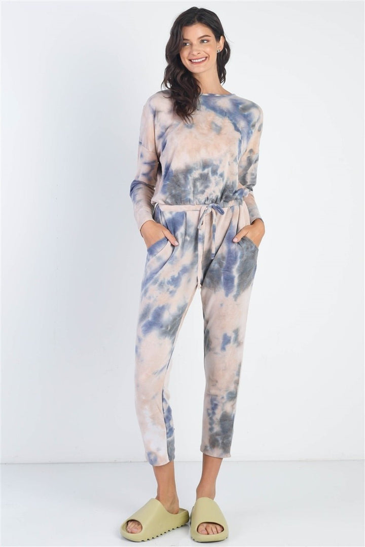 Tie - Dye Round Neck Long Sleeve Jumpsuit - SharpDuds