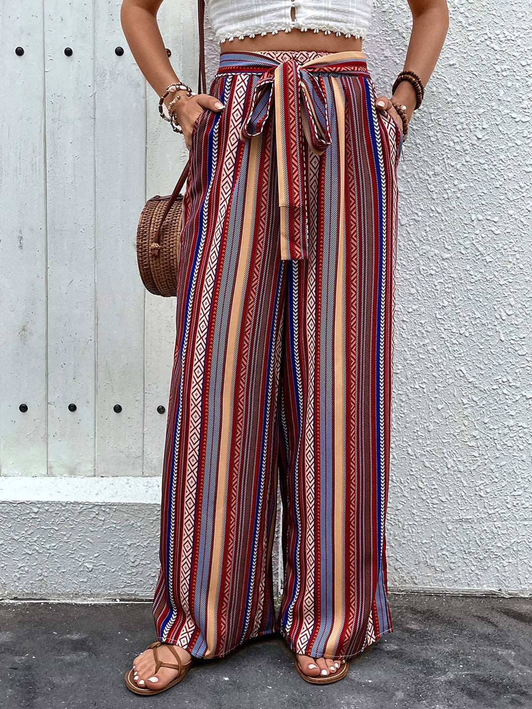 Tied Geometric Wide Leg Pants - SharpDuds