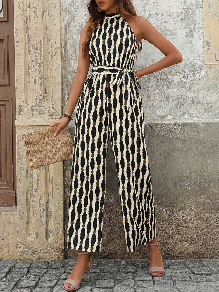 Tied Printed Grecian Neck Jumpsuit - SharpDuds