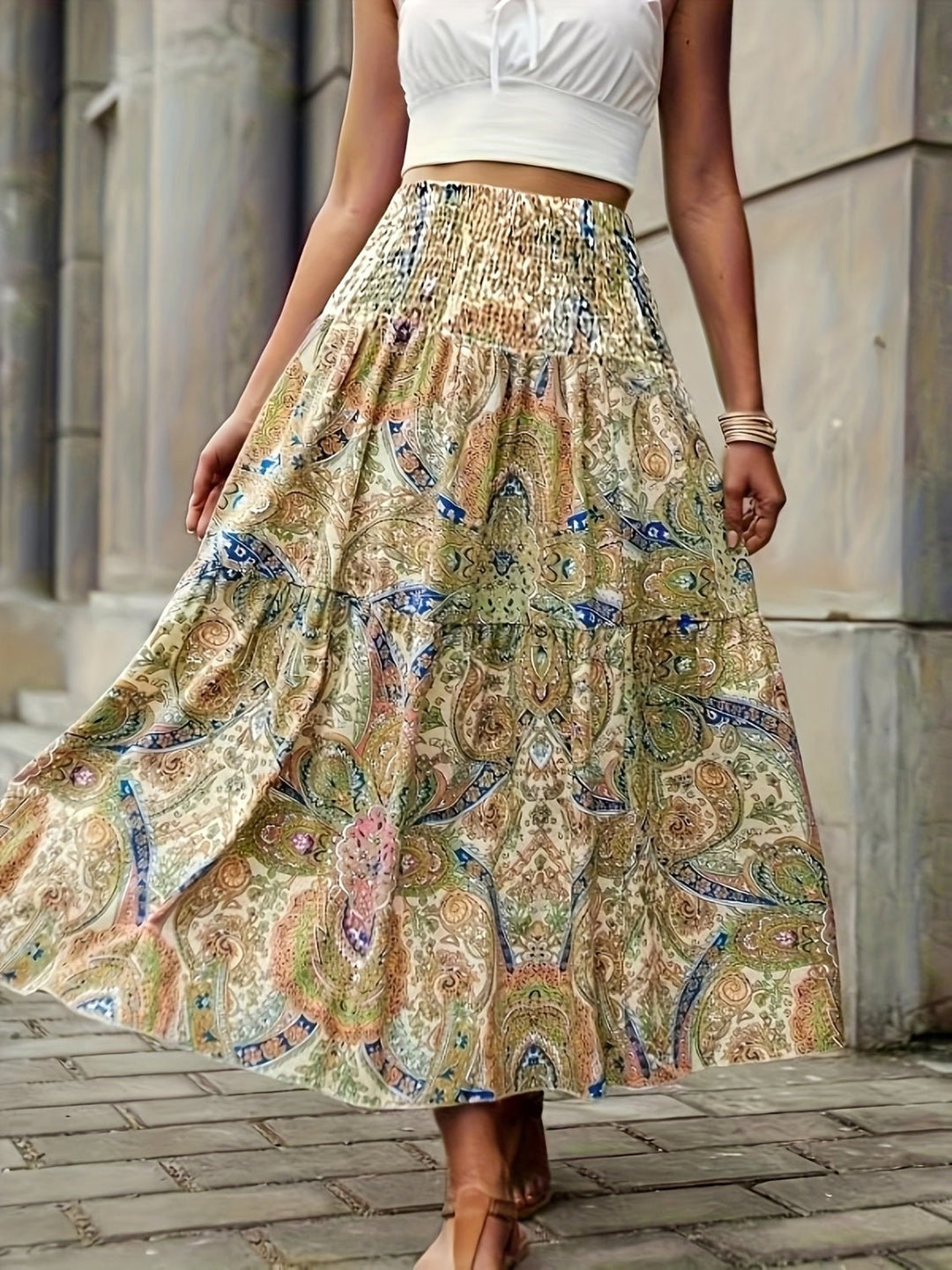 Tiered Smocked Printed High Waist Skirt - SharpDuds