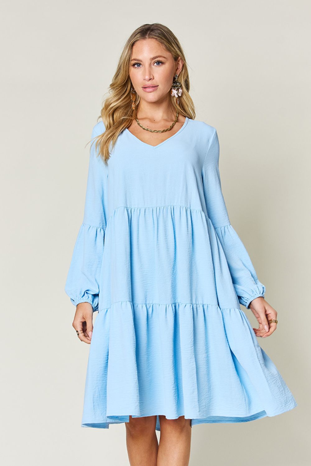 V - Neck Balloon Sleeve Tiered Dress with Pockets - SharpDuds