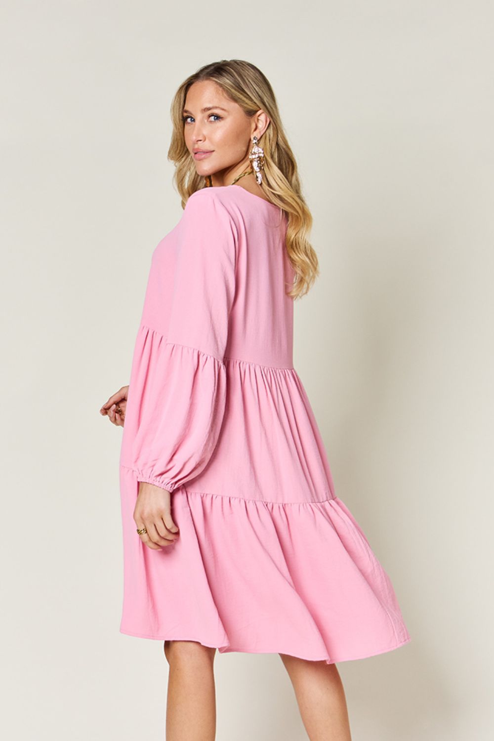 V - Neck Balloon Sleeve Tiered Dress with Pockets - SharpDuds