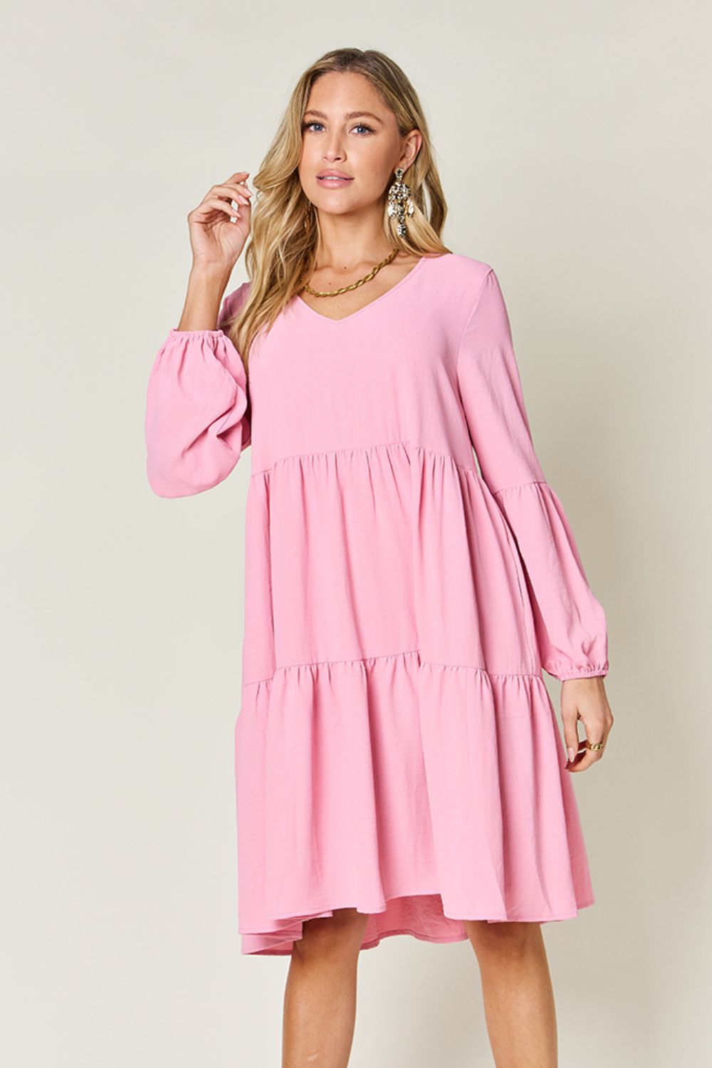 V - Neck Balloon Sleeve Tiered Dress with Pockets - SharpDuds