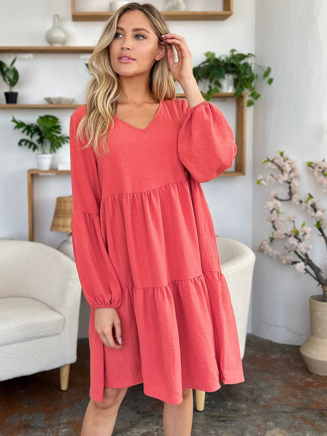 V - Neck Balloon Sleeve Tiered Dress with Pockets - SharpDuds