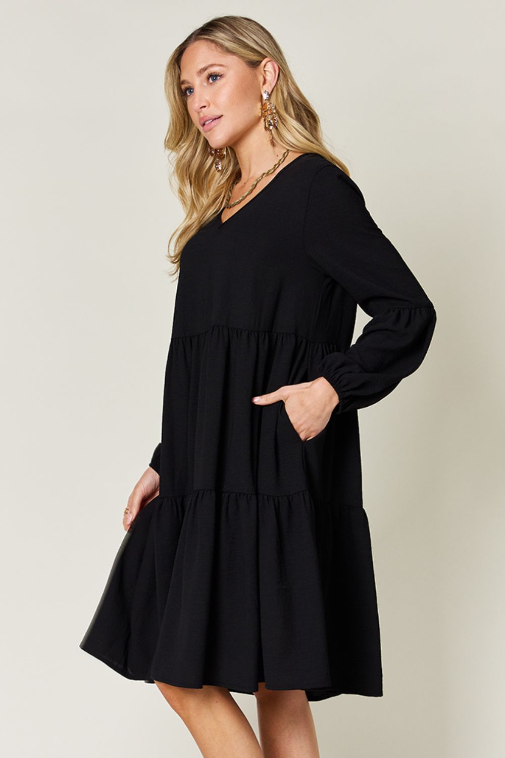 V - Neck Balloon Sleeve Tiered Dress with Pockets - SharpDuds