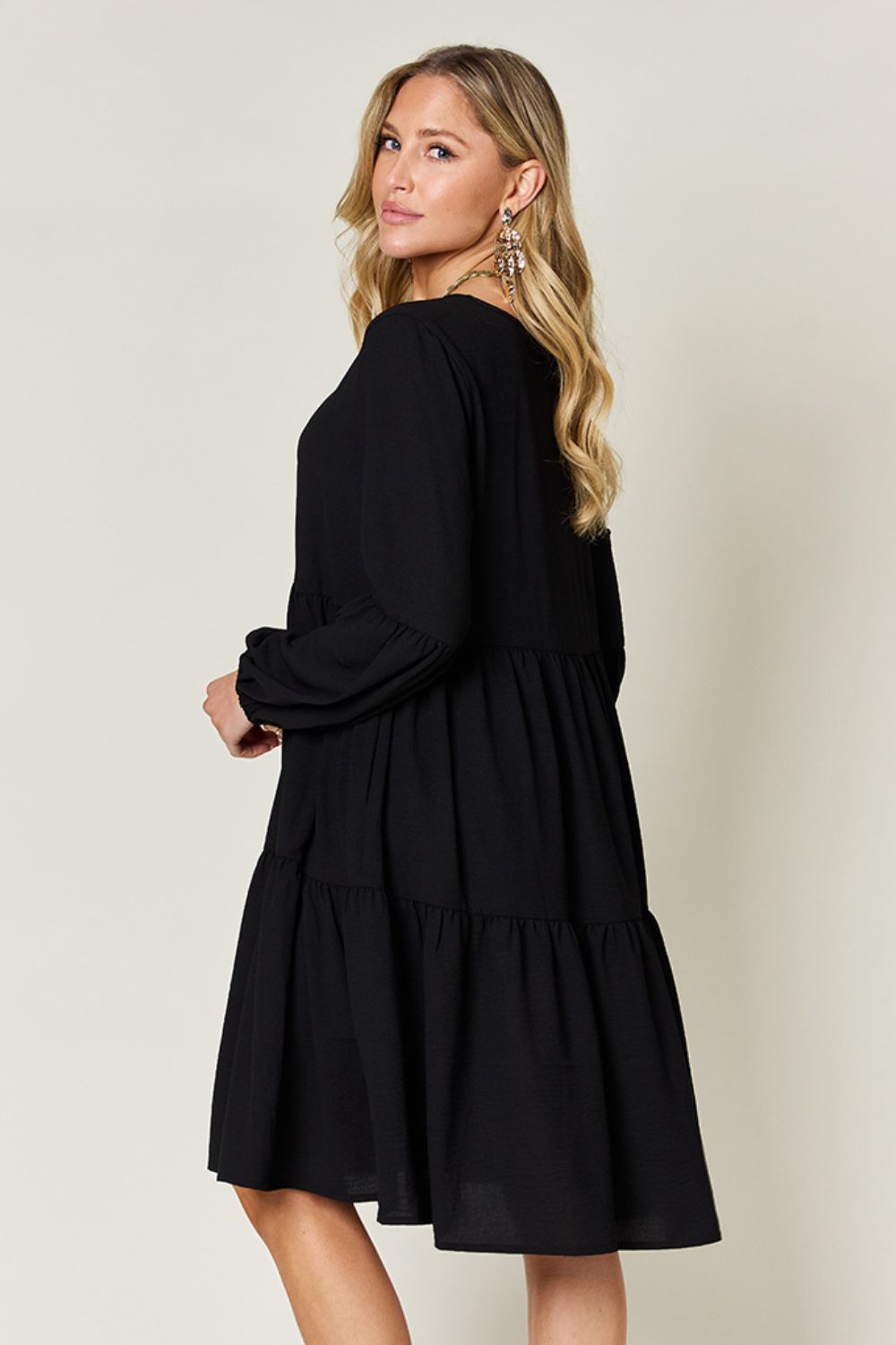 V - Neck Balloon Sleeve Tiered Dress with Pockets - SharpDuds