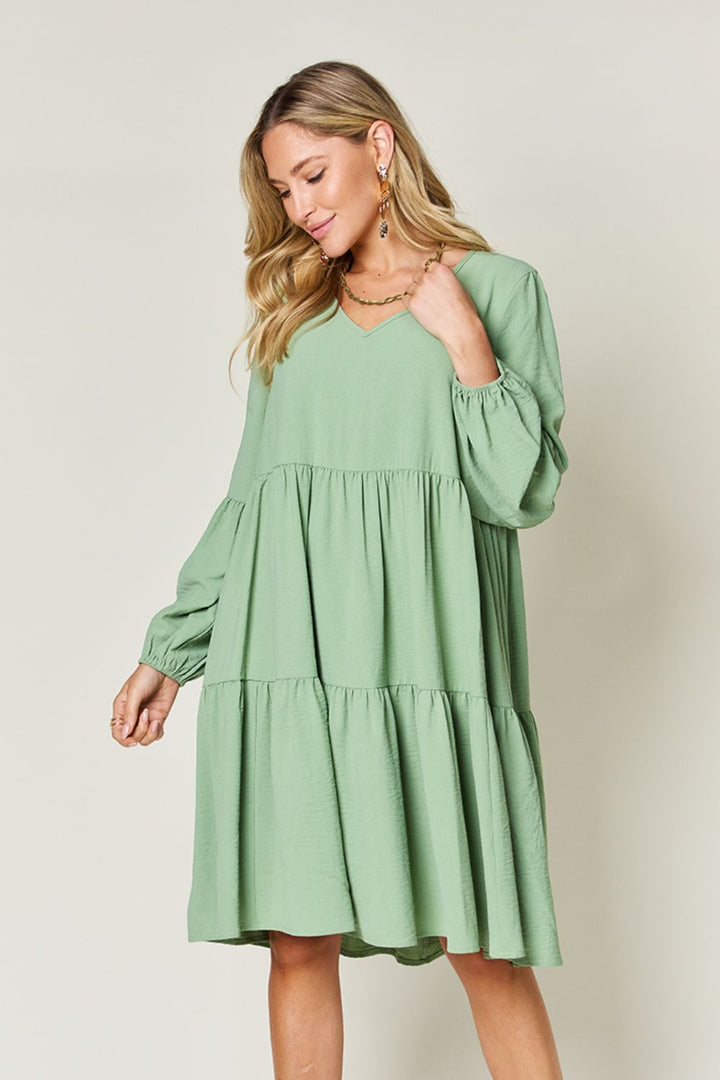 V - Neck Balloon Sleeve Tiered Dress with Pockets - SharpDuds