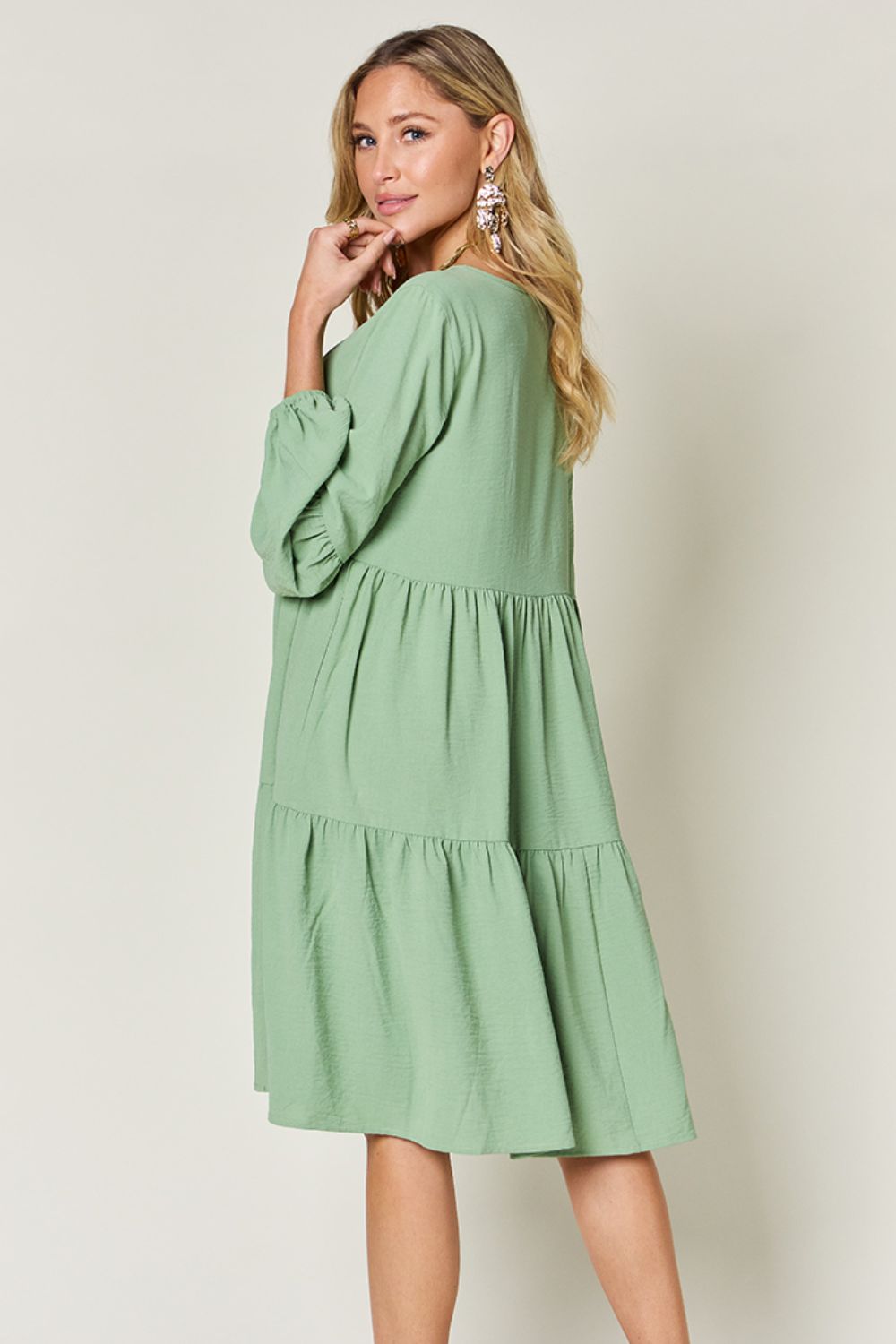 V - Neck Balloon Sleeve Tiered Dress with Pockets - SharpDuds