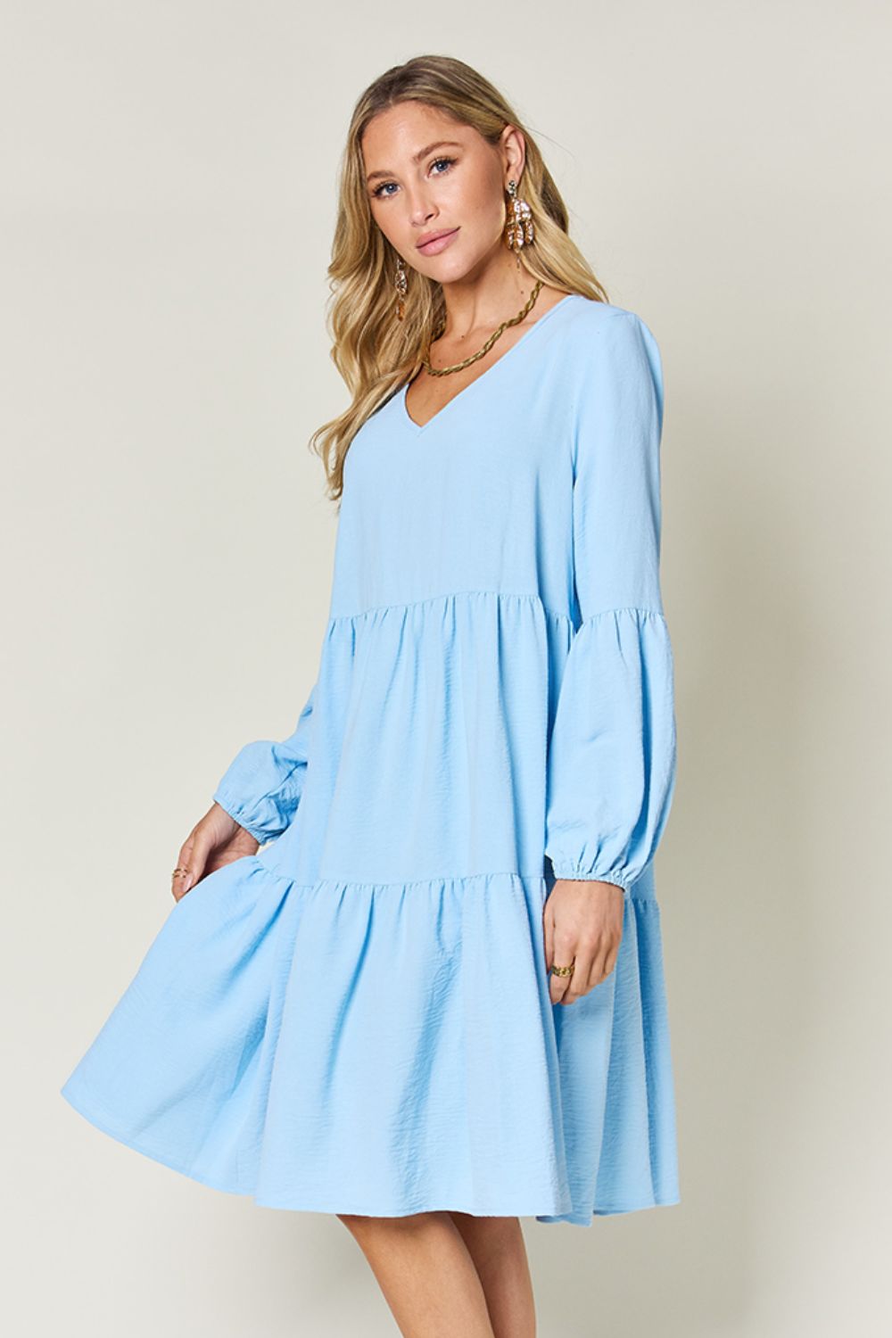 V - Neck Balloon Sleeve Tiered Dress with Pockets - SharpDuds