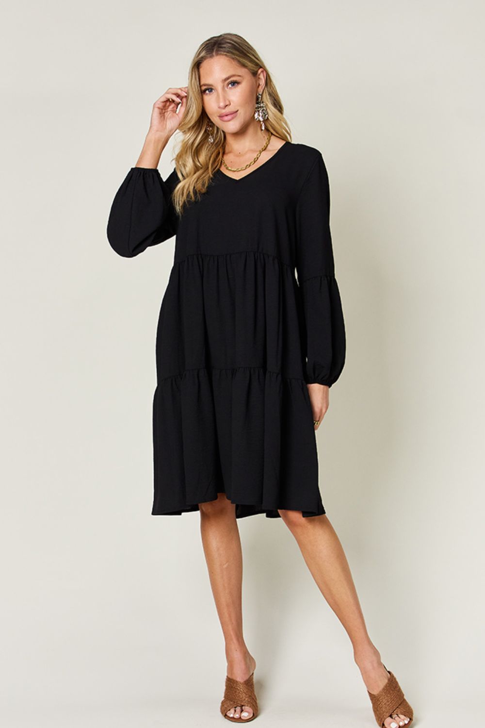 V - Neck Balloon Sleeve Tiered Dress with Pockets - SharpDuds