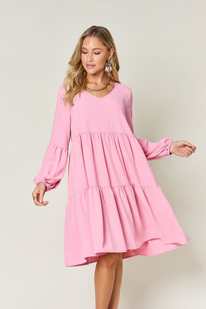 V - Neck Balloon Sleeve Tiered Dress with Pockets - SharpDuds