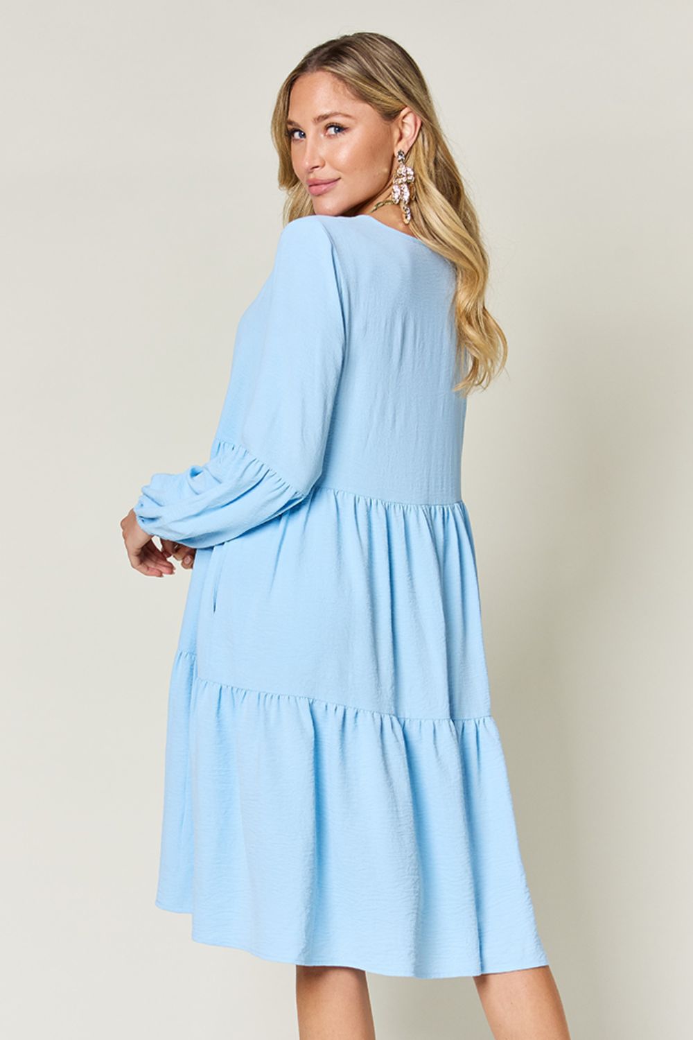 V - Neck Balloon Sleeve Tiered Dress with Pockets - SharpDuds