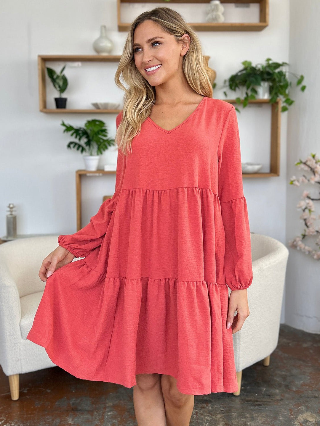 V - Neck Balloon Sleeve Tiered Dress with Pockets - SharpDuds