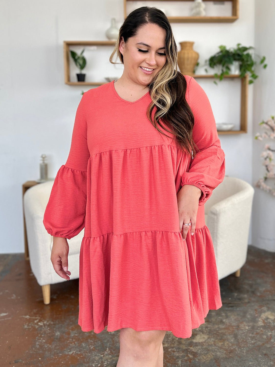 V - Neck Balloon Sleeve Tiered Dress with Pockets - SharpDuds