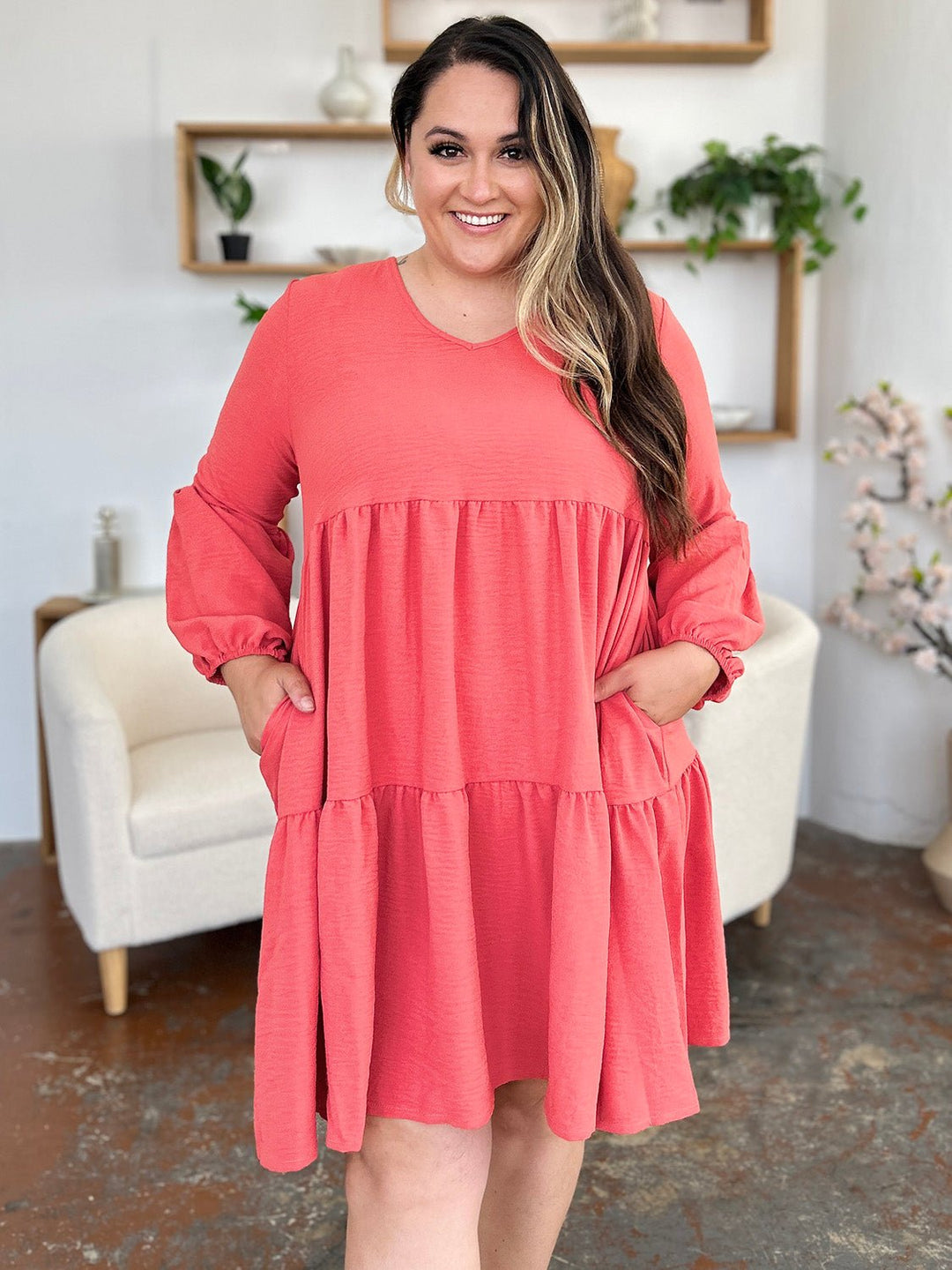 V - Neck Balloon Sleeve Tiered Dress with Pockets - SharpDuds