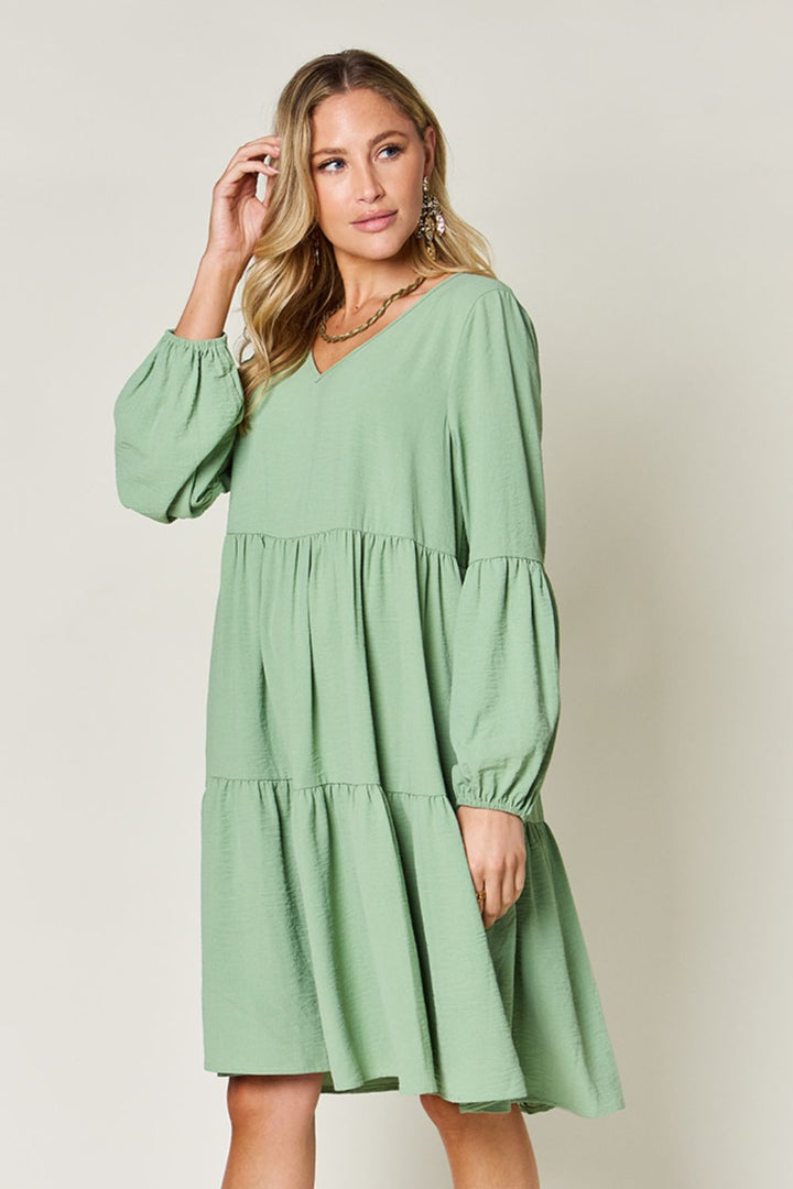 V - Neck Balloon Sleeve Tiered Dress with Pockets - SharpDuds