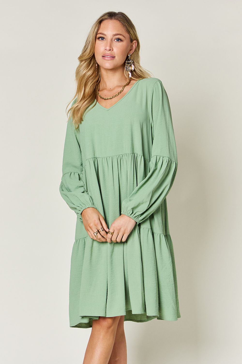 V - Neck Balloon Sleeve Tiered Dress with Pockets - SharpDuds