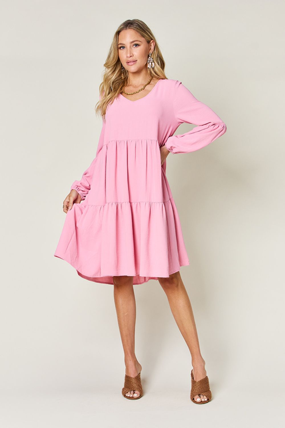 V - Neck Balloon Sleeve Tiered Dress with Pockets - SharpDuds