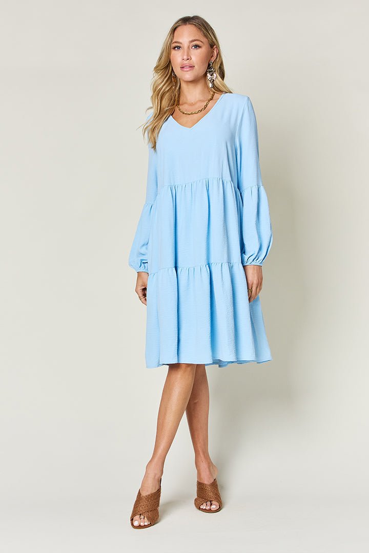 V - Neck Balloon Sleeve Tiered Dress with Pockets - SharpDuds