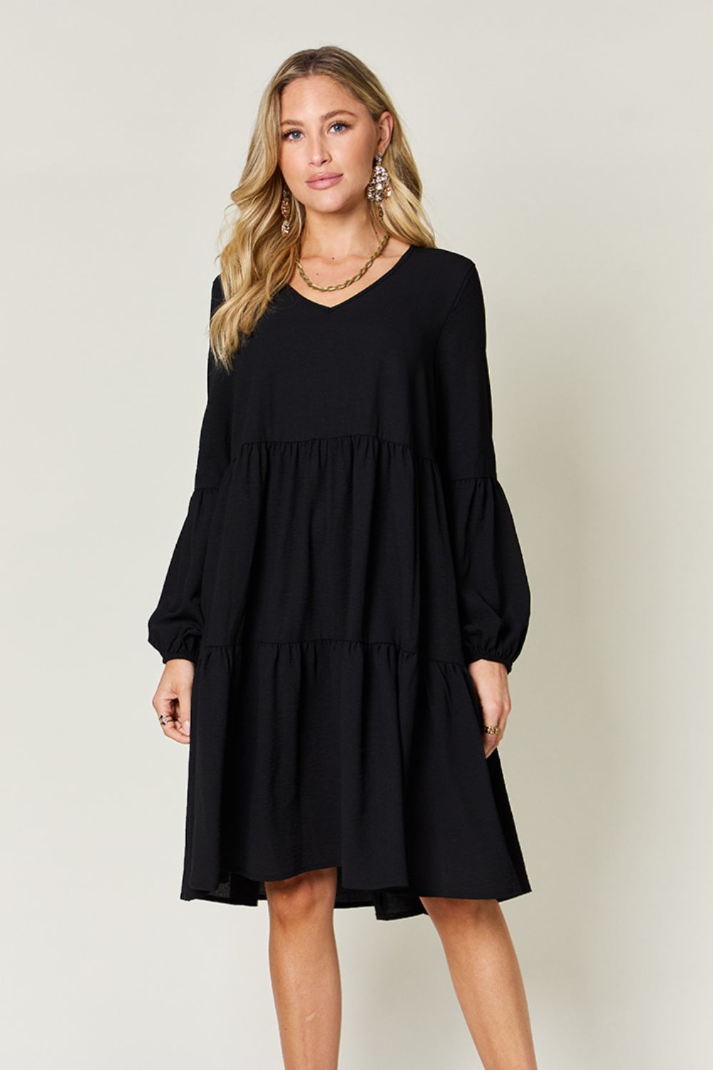 V - Neck Balloon Sleeve Tiered Dress with Pockets - SharpDuds