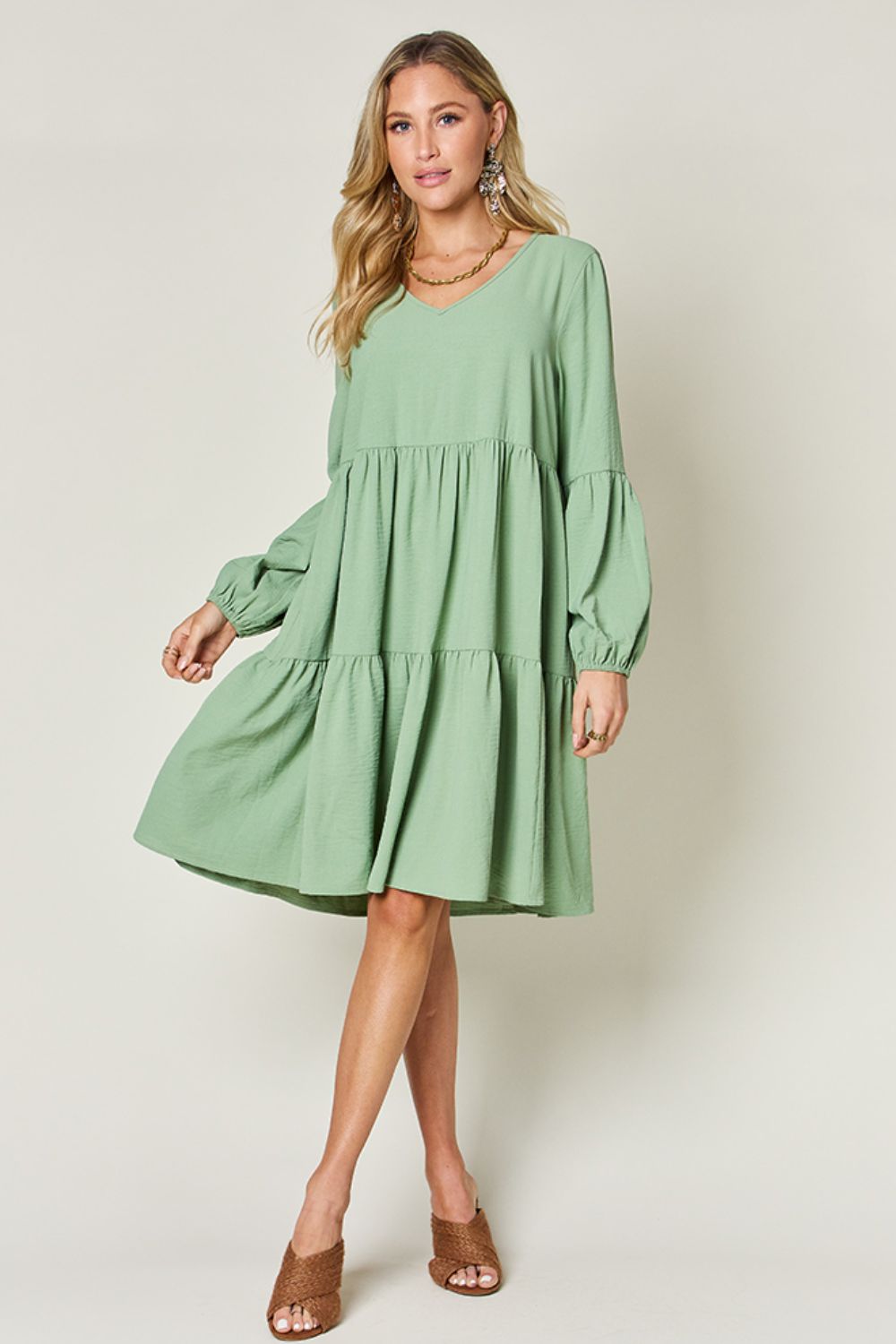 V - Neck Balloon Sleeve Tiered Dress with Pockets - SharpDuds