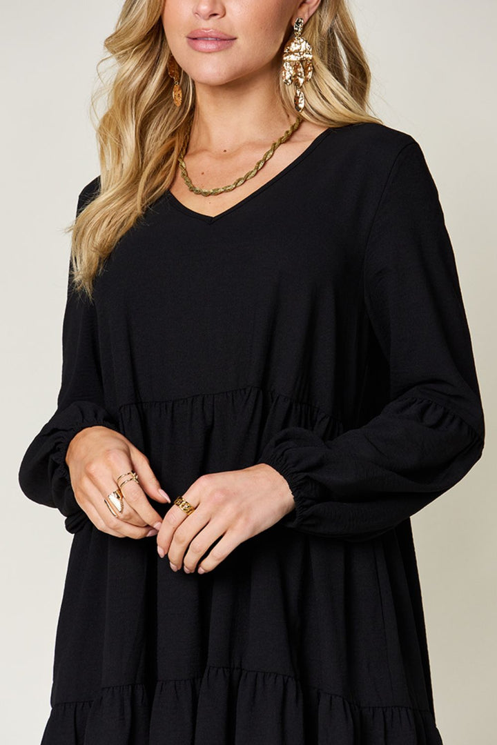 V - Neck Balloon Sleeve Tiered Dress with Pockets - SharpDuds