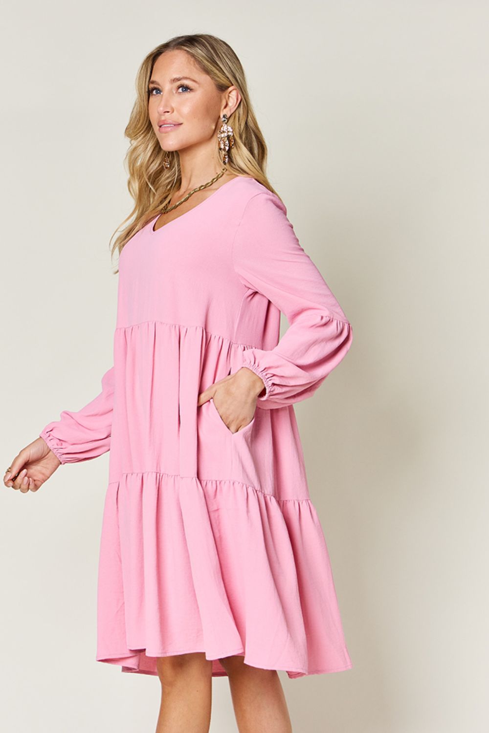 V - Neck Balloon Sleeve Tiered Dress with Pockets - SharpDuds