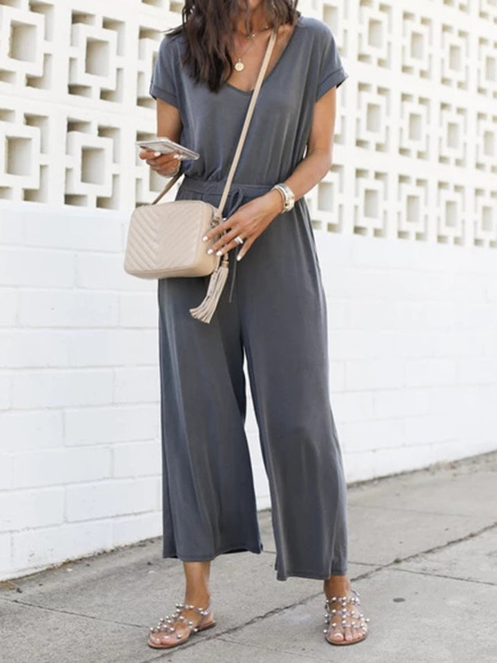 V - Neck Short Sleeve Jumpsuit - SharpDuds