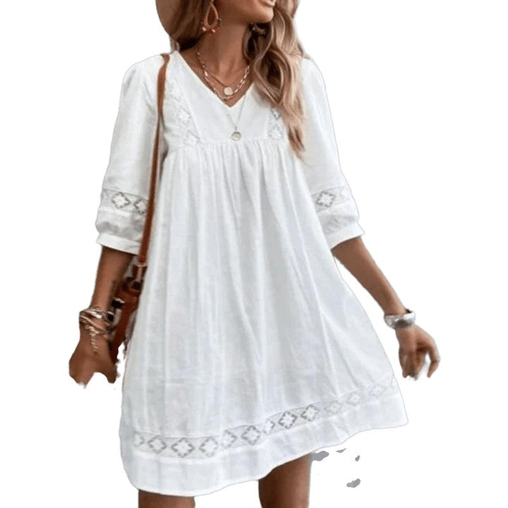 V-neck simple cotton mid-sleeve casual vacation dress - www.SharpDuds.com