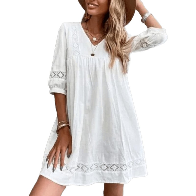 V-neck simple cotton mid-sleeve casual vacation dress - www.SharpDuds.com