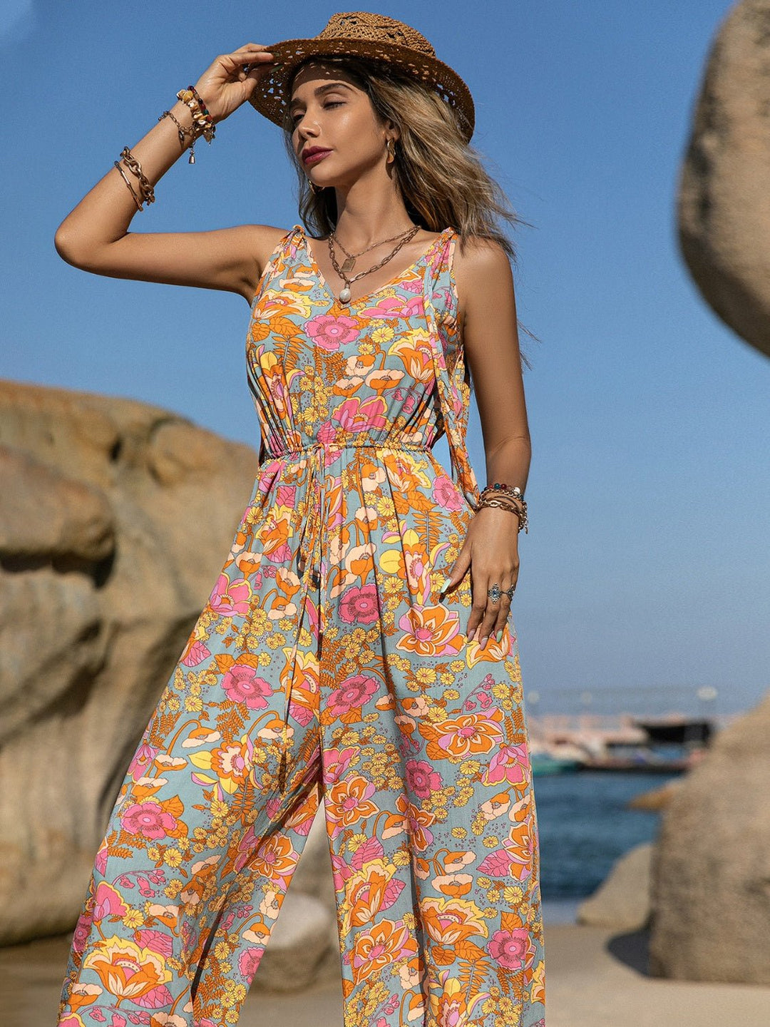 V - Neck Wide Leg Jumpsuit - SharpDuds