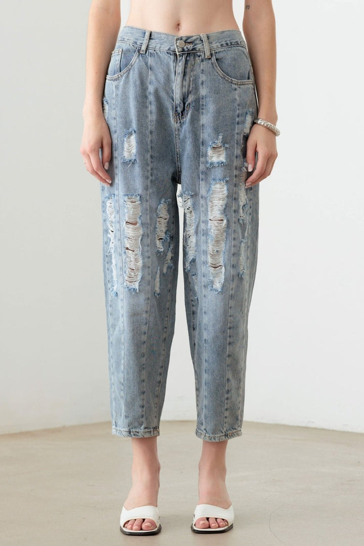 Washed Barrel Leg High Waist Distressed Jeans - SharpDuds