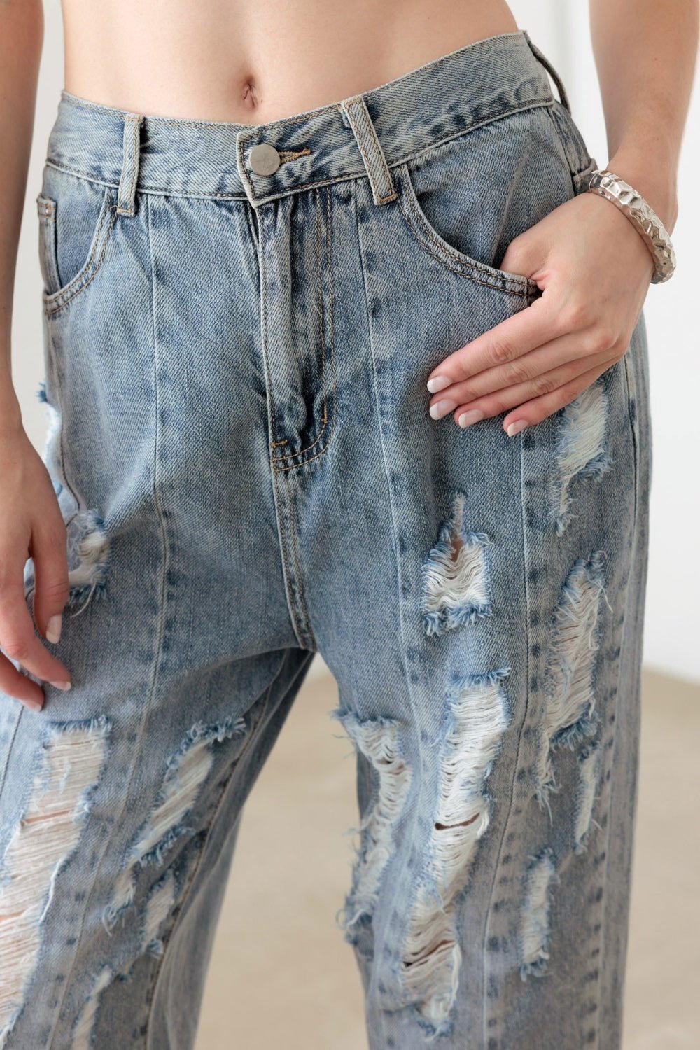 Washed Barrel Leg High Waist Distressed Jeans - SharpDuds