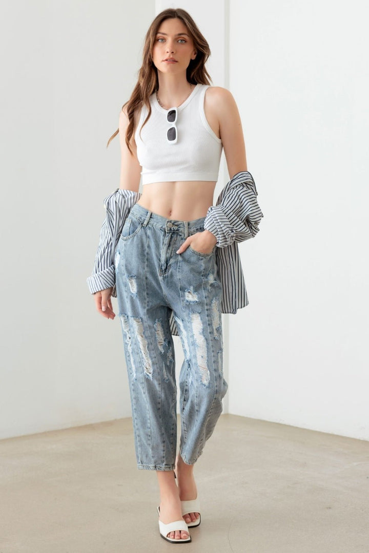 Washed Barrel Leg High Waist Distressed Jeans - SharpDuds