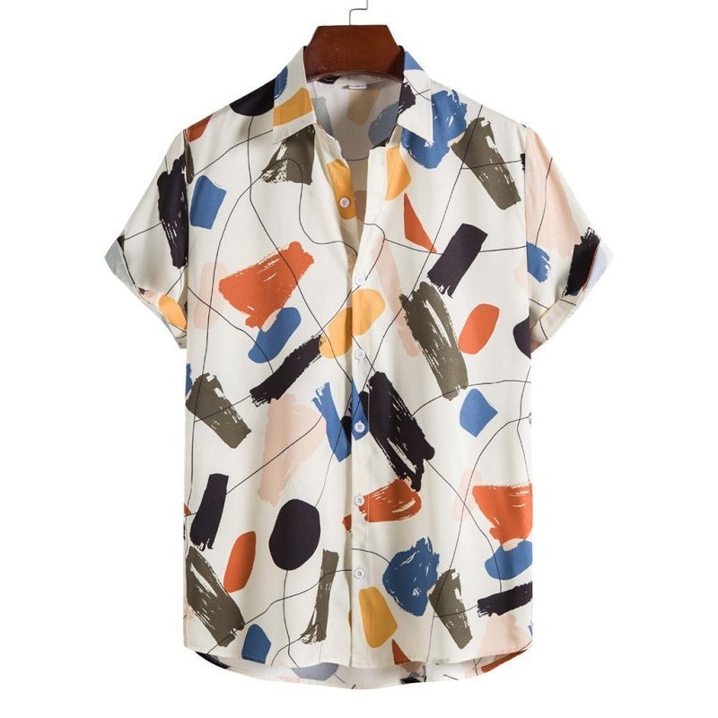 White Graffiti Print Lapel Cotton Slim Fit Men's Shirt - www.SharpDuds.com