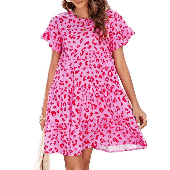 Woven Printed Round Neck Ruffle Sleeve Loose Dress - www.SharpDuds.com