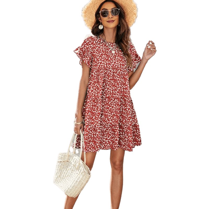 Woven Printed Round Neck Ruffle Sleeve Loose Dress - www.SharpDuds.com